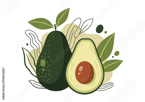 Fresh ripe green avocados whole and halved with leaves and abstract shapes