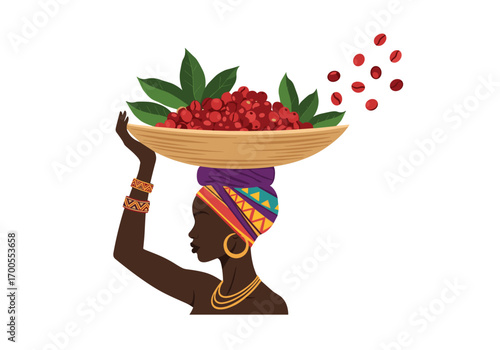 African woman carrying coffee beans harvest traditional costume jewelry