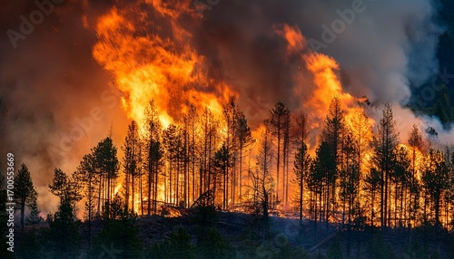 Forest Fire Engulfing Trees Dramatic Flames On Isolated Background