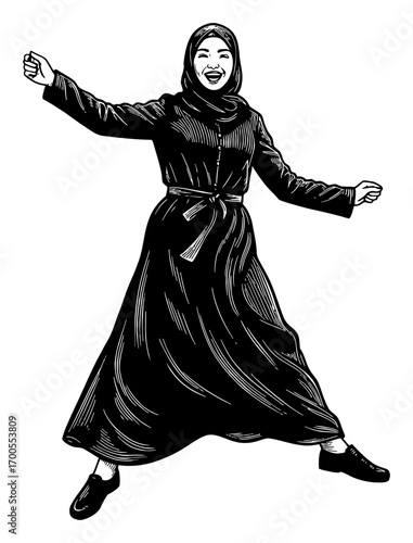Hijabi Elegant Woman in Dress Leaping with Joy Black and White Outline Line Art Drawing