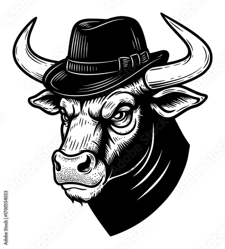 Intimidating Bull Head Wearing a Stylish Mafia Fedora Hat in Vintage Black and White Outline Line Art Drawing