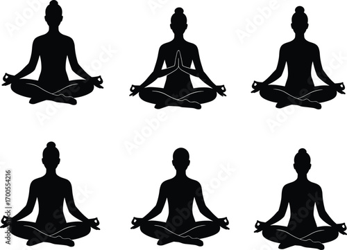 Meditation silhouette illustration set featuring cross-legged poses, mudra gestures, and peaceful posture for wellness design, education, and merch