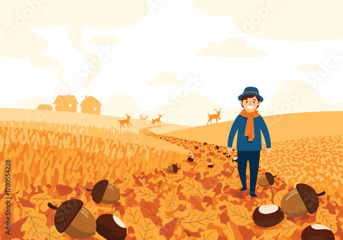 A person walking down a path covered with acorns and autumn leaves during the fall season