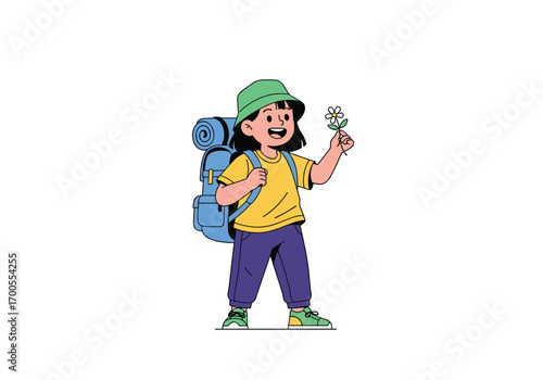 A young explorer ventures into the wilderness carrying a large backpack discovering a tiny flower