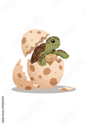 Cartoon Turtle Hatching from Spotted Egg.