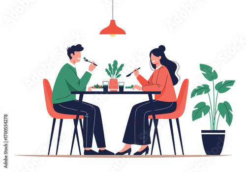 Couple enjoying romantic dinner together at a table with plants decorating the scene