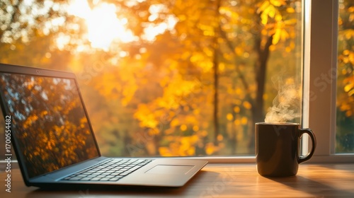Laptop coffee autumn cozy desk lifestyle background