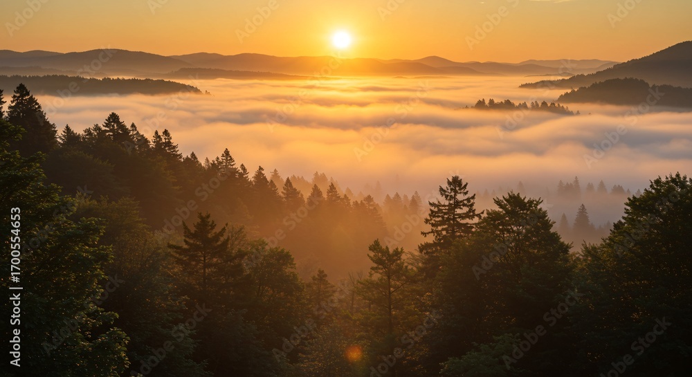 Fototapeta premium First rays on foggy peak trees