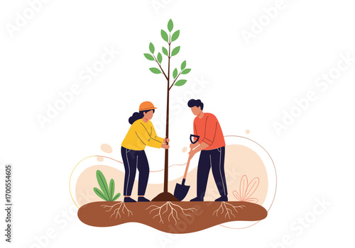 Two people planting a tree together in the ground soil outdoors illustration