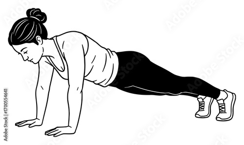 Woman Doing Plank Exercise with Modest Closed Clothes Black and White Outline Line Art Drawing