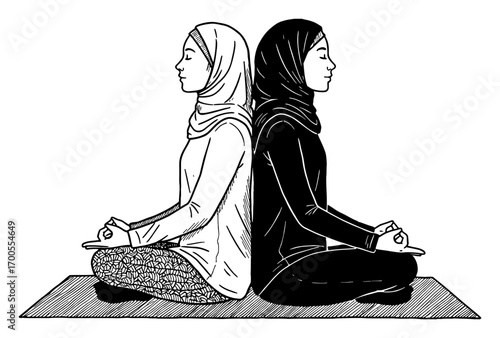 Two Women Meditating Back to Back in Lotus Position on Yoga Mat in Black and White Outline Line Art Drawing
