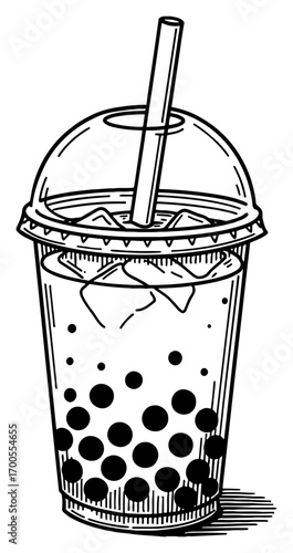A Cup of Bubble Tea with Ice and a Straw in a Plastic Cup Black and White Outline Line Art Drawing