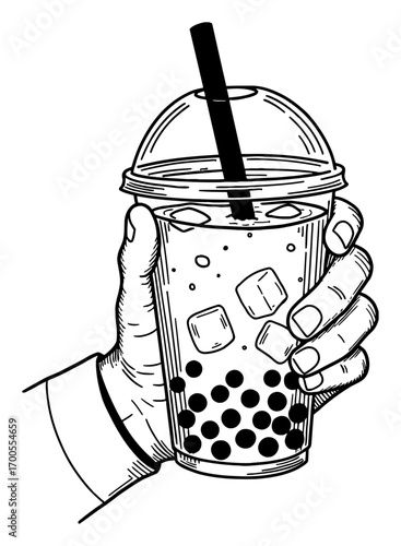 Hand Holding Bubble Tea with Straw and Ice Cubes Black and White Outline Line Art Drawing Vector Illustration Isolated Object