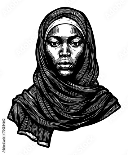 African Hijabi Woman Portrait Black and White Outline Line Art Drawing Engraving Style Illustration