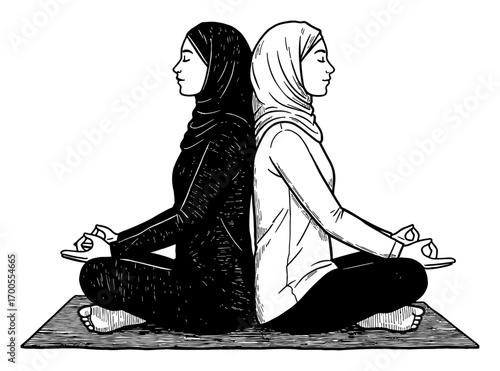 Two Women Meditating Back to Back in Lotus Position on Yoga Mat Wearing Modest Closed Clothing Black and White Outline Line Art Drawing