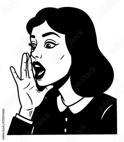 Woman Shouting with Hand Near Mouth in Retro Cartoon Style Black and White Outline Line Art Drawing