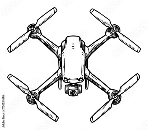 Quadcopter Drone Top View Black and White Outline Line Art Drawing with Four Propellers and Camera Device