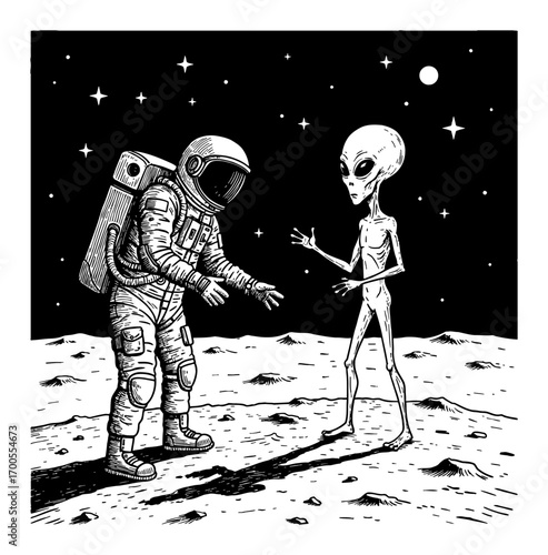 Astronaut and Alien First Encounter Interaction on Barren Moon Surface Starry Sky Black and White Outline Line Art Drawing Vector