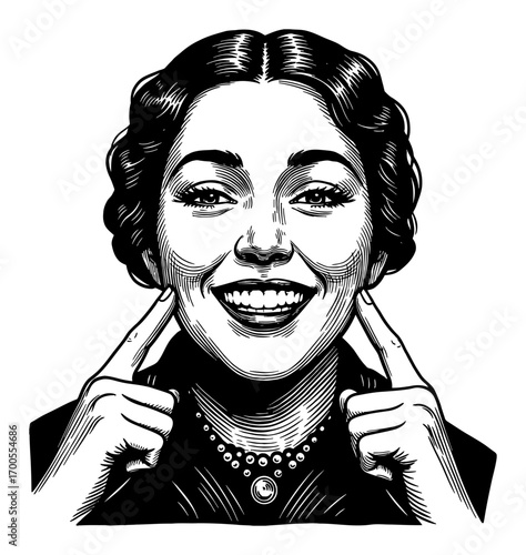 Smiling Vintage Woman with Fingers on Cheek Happy Expression Face Black and White Outline Line Art Drawing