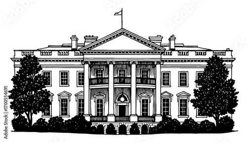 The White House Building Black and White Outline Line Art Drawing Vintage Engraving Style United States Government Symbol