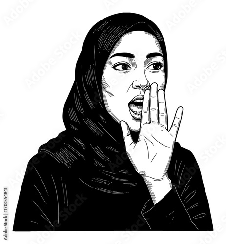 Young Hijabi Woman Shouting Loudly with Hand Near Mouth in Expressive Black and White Outline Line Art Drawing