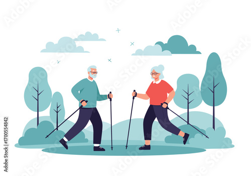 Healthy senior couple enjoying outdoor nordic walking exercise together in a peaceful park scene