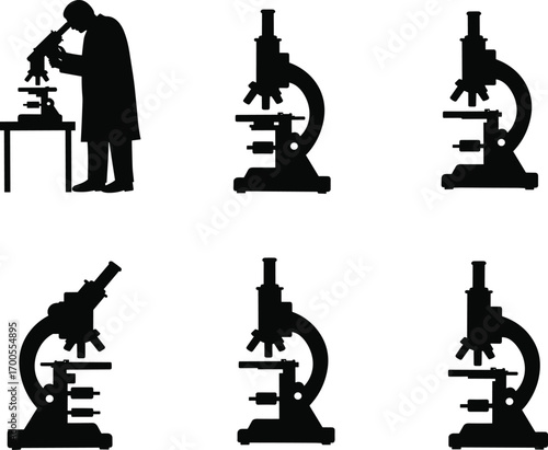 Microscope silhouette set featuring scientific observation, lab posture, and research tools for education, medical design, and merch use