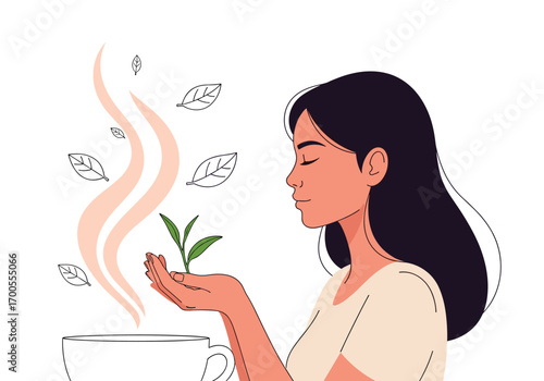 Woman enjoying the aroma of fresh organic tea leaves with steam rising gently