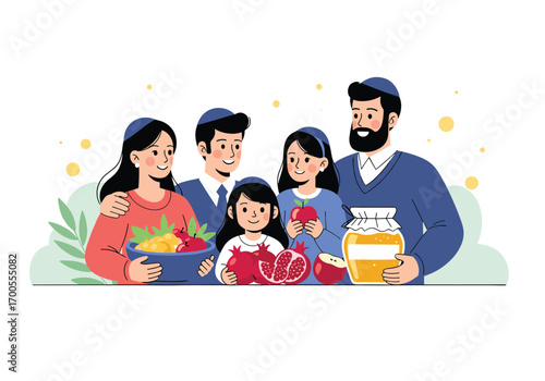 Jewish family celebrating rosh hashanah holiday with sweet foods and traditional symbols