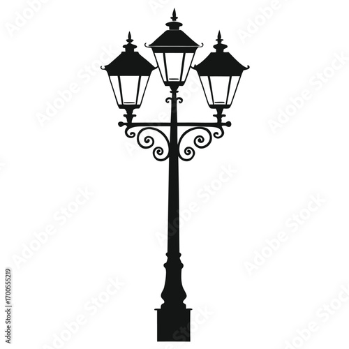 Intricate Black Silhouette of a TripleHead Vintage Streetlight Lamp Post with Ornate Design