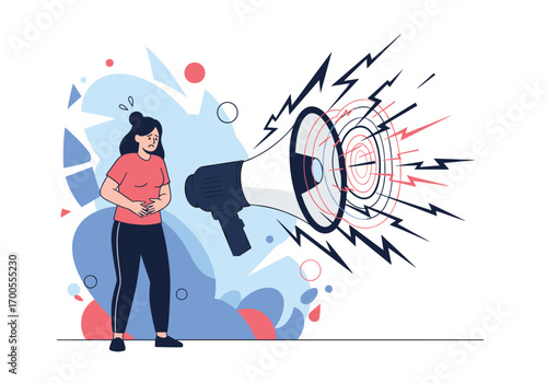 Woman loudly announcing something with a megaphone and abstract shapes