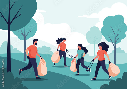 People cleaning up a park volunteering for environmental protection and nature conservation activities