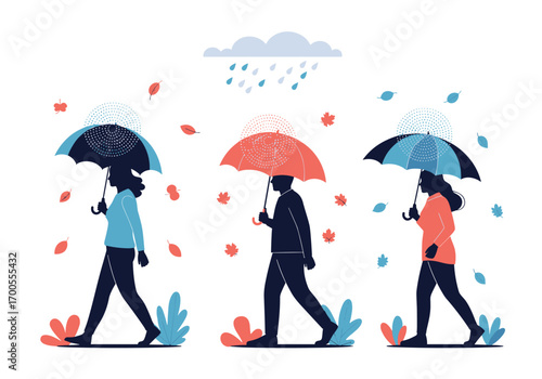 People walking with umbrellas in the rain with falling leaves during autumn season