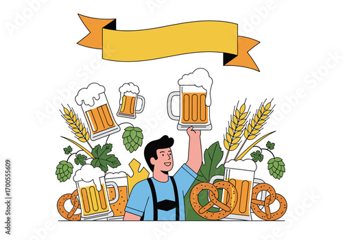 Oktoberfest celebration bavarian man holding beer mug wheat hops pretzels banner