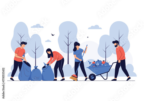 People working together cleaning up a park environmental care volunteers community action