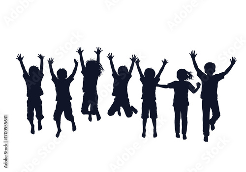 Happy children jumping with arms raised in joyful celebration and exuberant freedom during sunny day fun activities
