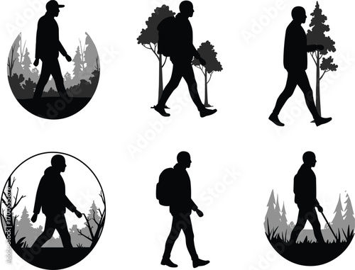 Nature walking silhouette set featuring forest backgrounds, backpack poses, and circular frame accents for outdoor design, education, and merch