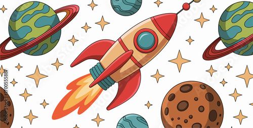 Cartoon rocket ship flying through space with planets and stars