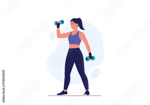 Woman performing bicep curls with dumbbells in a fitness session