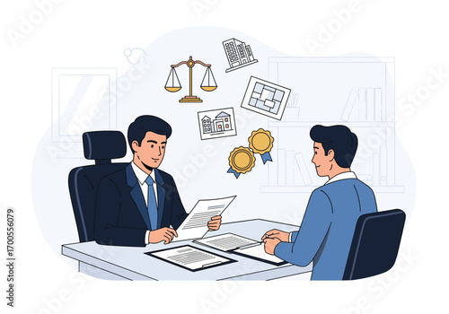 Two businessmen discuss legal documents and contracts at the office desk