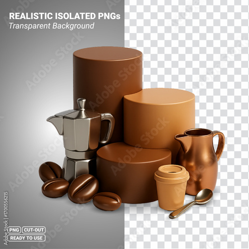3D Rendered Coffee Podium with Espresso Maker, Milk Jug, Takeaway Cup and Beans. Transparent PNG file ready to be used.
