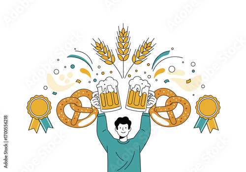 Man holding two mugs of beer with pretzels and wheat ears illustration