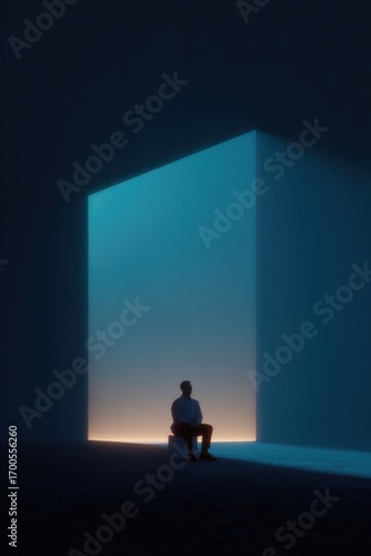 Solitary figure in dark space illuminated by glowing cube, evoki