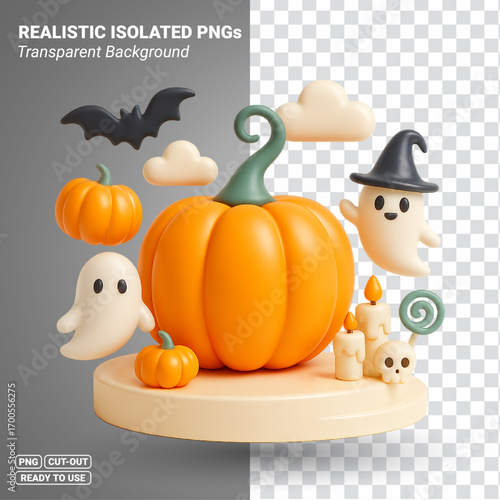 3D Rendered Halloween Pumpkin Podium with Ghosts, Bat, Candles and Candy. Transparent PNG file ready to be used.