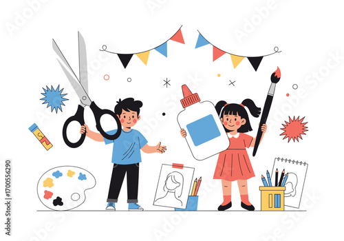 Children enjoying creative crafting with art supplies and colorful decorations