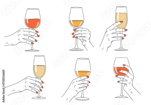 Elegant hands holding glasses of bubbly wine and rose drinks