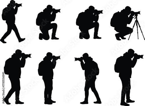 Photographer silhouette illustration set featuring walking, kneeling, squatting, and tripod poses with camera and backpack for design and merch