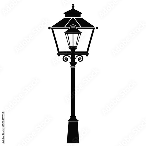 Elegant Black Silhouette Illustration of a Vintage Street Lamp with Ornate Details