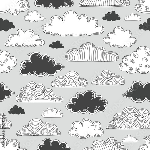 Seamless pattern of hand drawn clouds with various shapes and designs, seamless pattern, Stock royalty free image.