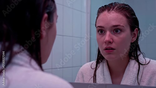 Woman in robe gazing at mirror with wet hair in bathroom reflection